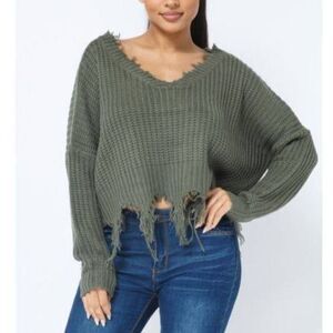 BRAND NEW JUST POLLY V-NECK KNIT DISTRESSED COZY SWEATER